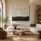 Abstract Expressionist abstract oil painting showing pale ground with black lines and gold blocks in a black and white palette, contemporary wall art.