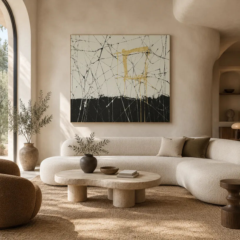 Abstract Expressionist abstract oil painting showing pale ground with black lines and gold blocks in a black and white palette, contemporary wall art.