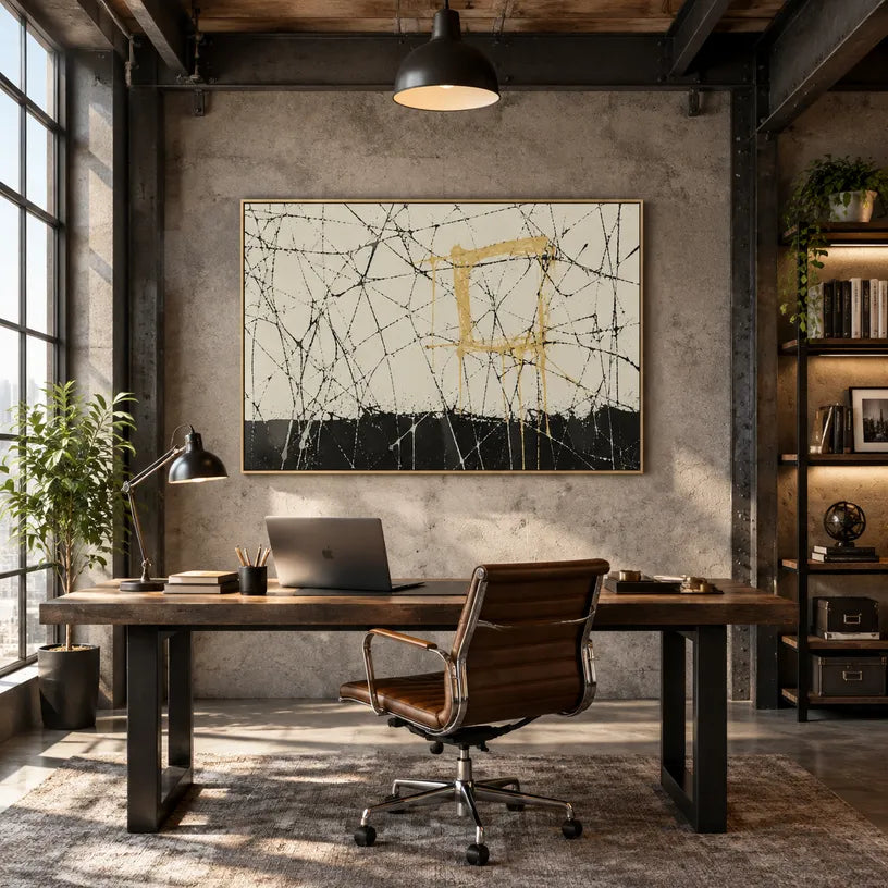 Abstract Expressionist abstract oil painting showing pale ground with black lines and gold blocks in a black and white palette, contemporary wall art.