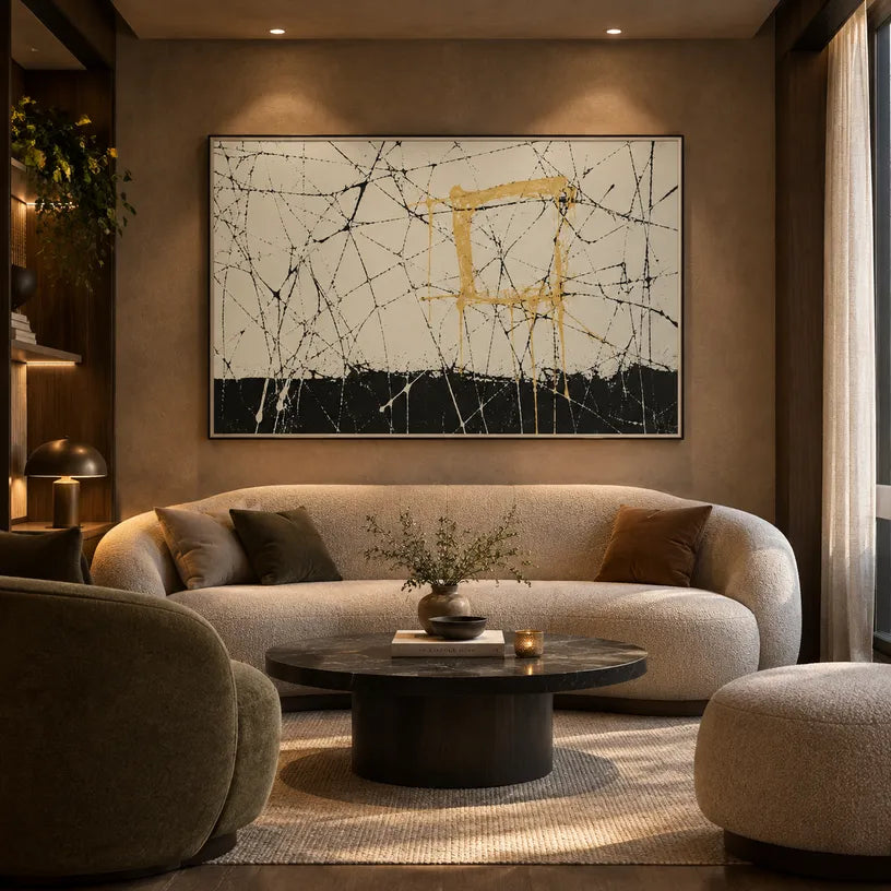 Abstract Expressionist abstract oil painting showing pale ground with black lines and gold blocks in a black and white palette, contemporary wall art.