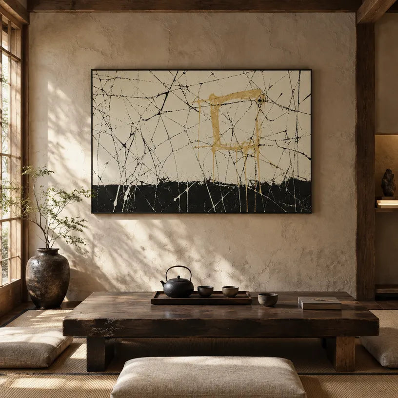 Abstract Expressionist abstract oil painting showing pale ground with black lines and gold blocks in a black and white palette, contemporary wall art.