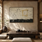 Abstract Expressionist abstract oil painting showing pale ground with black lines and gold blocks in a black and white palette, contemporary wall art.