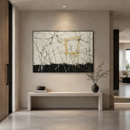 Abstract Expressionist abstract oil painting showing pale ground with black lines and gold blocks in a black and white palette, contemporary wall art.