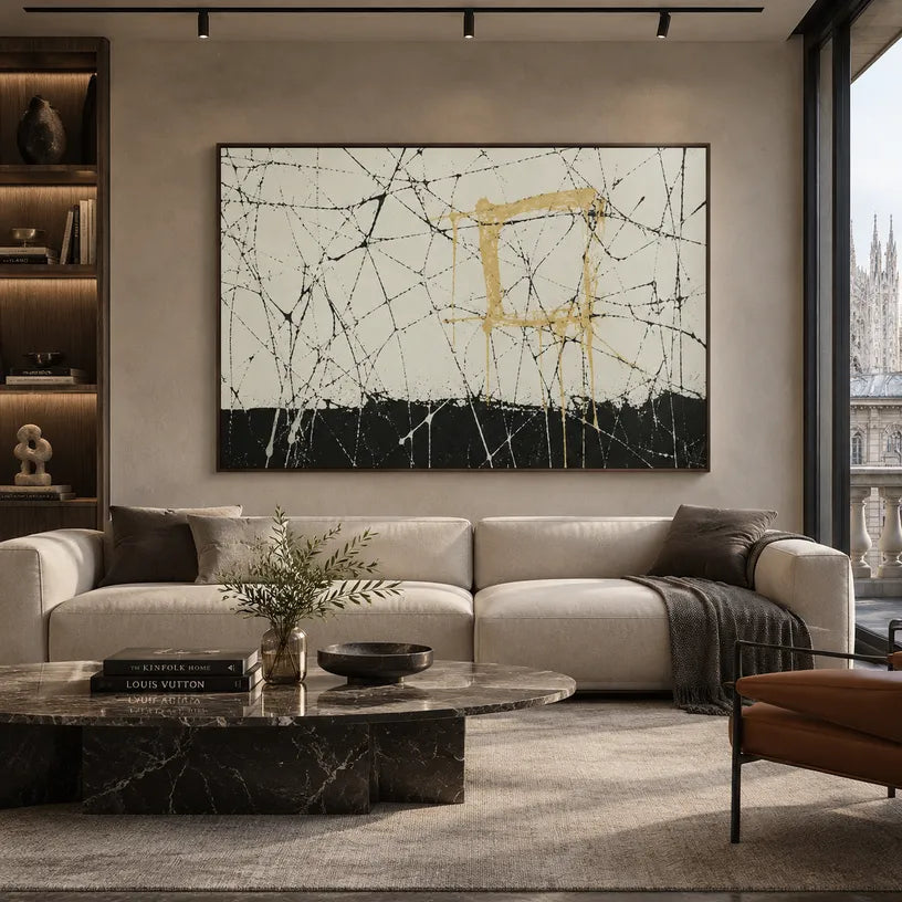 Abstract Expressionist abstract oil painting showing pale ground with black lines and gold blocks in a black and white palette, contemporary wall art.