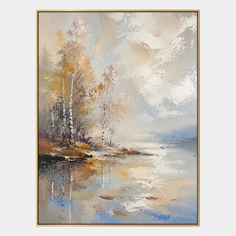 Abstract Expressionist landscapes & seascapes & cityscapes oil painting showing a warm autumn waterside with reflected trees in a brown palette, contemporary wall art.