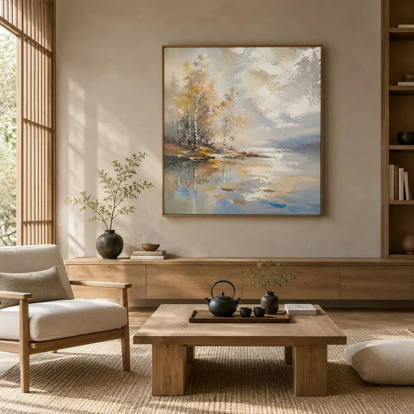 Abstract Expressionist landscapes & seascapes & cityscapes oil painting showing a warm autumn waterside with reflected trees in a brown palette, contemporary wall art.