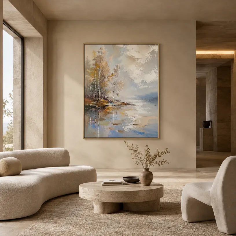 Abstract Expressionist landscapes & seascapes & cityscapes oil painting showing a warm autumn waterside with reflected trees in a brown palette, contemporary wall art.