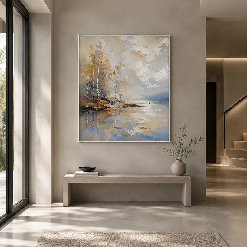 Abstract Expressionist landscapes & seascapes & cityscapes oil painting showing a warm autumn waterside with reflected trees in a brown palette, contemporary wall art.