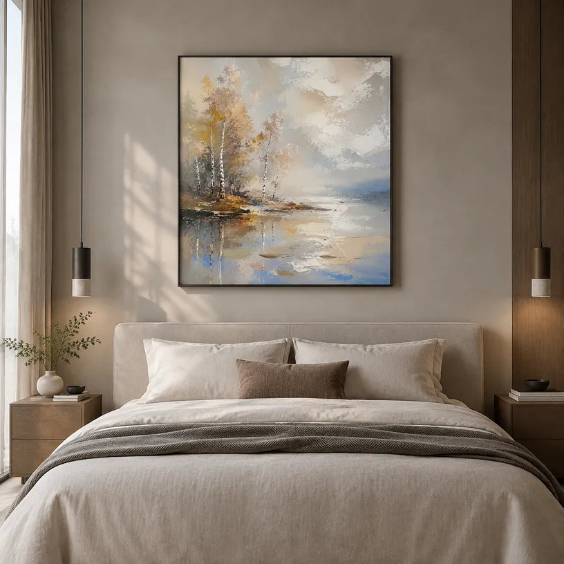 Abstract Expressionist landscapes & seascapes & cityscapes oil painting showing a warm autumn waterside with reflected trees in a brown palette, contemporary wall art.