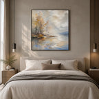 Abstract Expressionist landscapes & seascapes & cityscapes oil painting showing a warm autumn waterside with reflected trees in a brown palette, contemporary wall art.