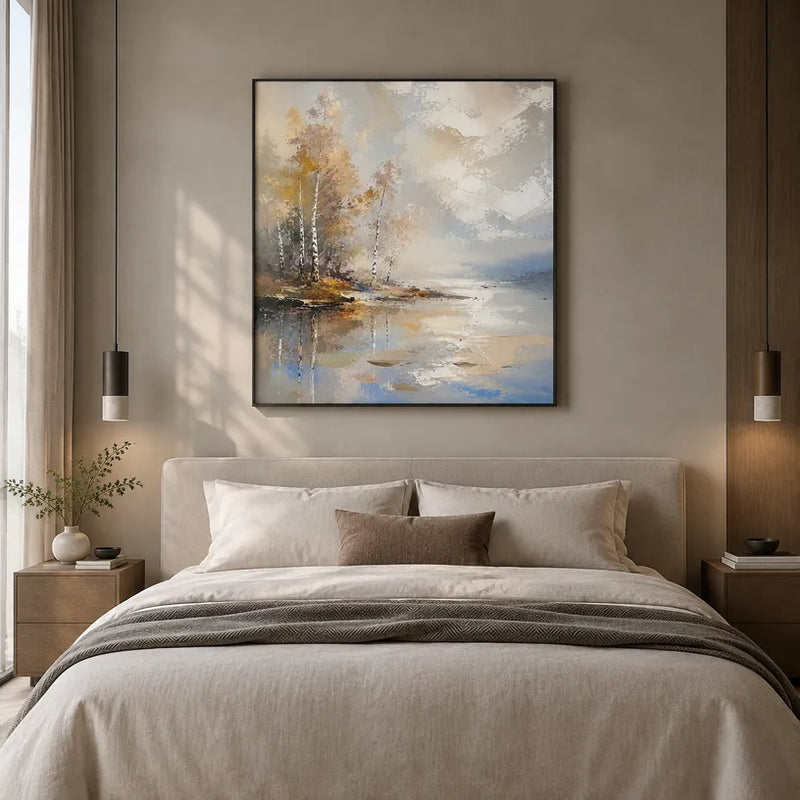 Peinture à l'huile de paysages, de marines et de paysages urbains d'expressionnisme abstrait présentant un paysage atmosphérique, un paysage marin ou une composition inspirée de la ville dans une palette beige.