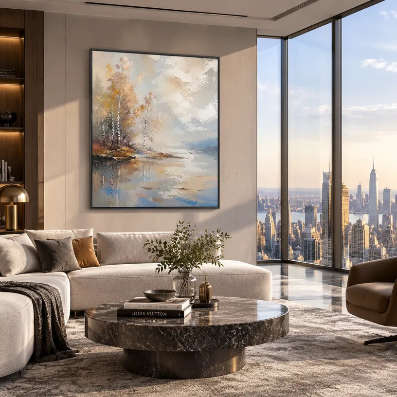 Abstract Expressionist landscapes & seascapes & cityscapes oil painting showing a warm autumn waterside with reflected trees in a brown palette, contemporary wall art.