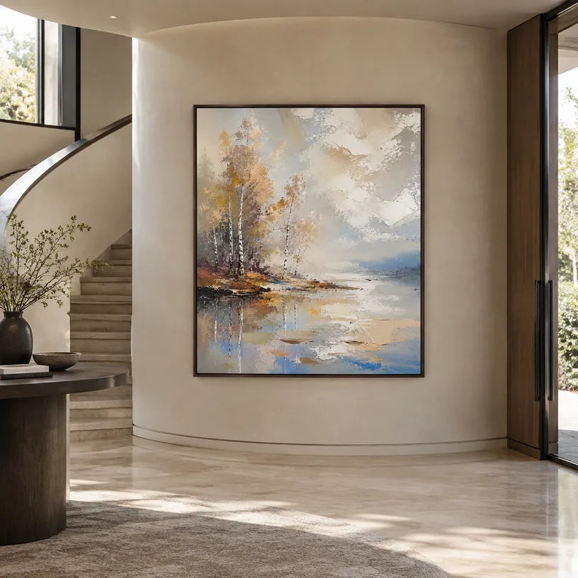 Abstract Expressionist landscapes & seascapes & cityscapes oil painting showing a warm autumn waterside with reflected trees in a brown palette, contemporary wall art.
