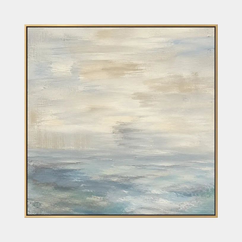 Abstract Expressionist landscapes & seascapes & cityscapes oil painting showing a painterly landscape with distant hills, trees or reflective water in a grey palette.
