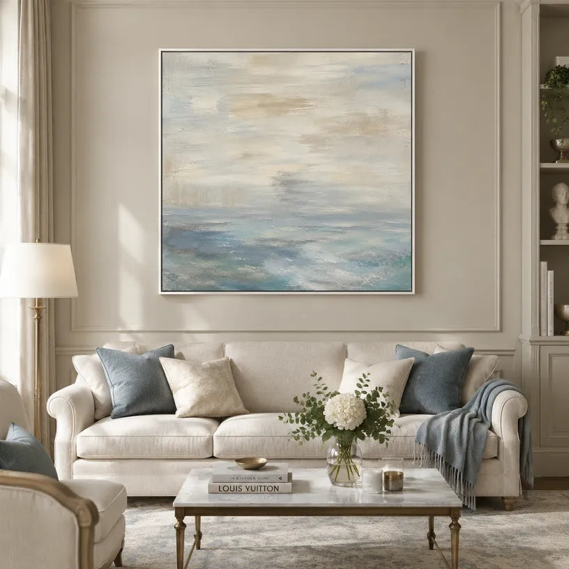 Abstract Expressionist landscapes & seascapes & cityscapes oil painting showing a painterly landscape with distant hills, trees or reflective water in a grey palette.