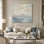 Abstract Expressionist landscapes & seascapes & cityscapes oil painting showing a painterly landscape with distant hills, trees or reflective water in a grey palette.