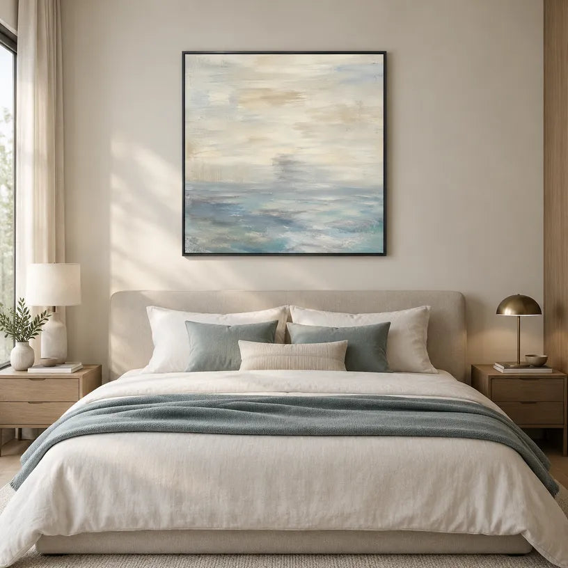Abstract Expressionist landscapes & seascapes & cityscapes oil painting showing a painterly landscape with distant hills, trees or reflective water in a grey palette.