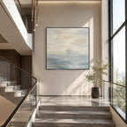 Abstract Expressionist landscapes & seascapes & cityscapes oil painting showing a painterly landscape with distant hills, trees or reflective water in a grey palette.