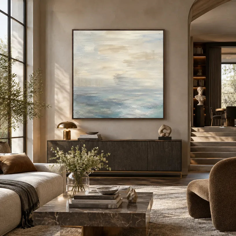 Abstract Expressionist landscapes & seascapes & cityscapes oil painting showing a painterly landscape with distant hills, trees or reflective water in a grey palette.
