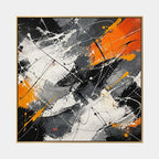 Abstract Expressionist abstract oil painting showing black and white marks with orange geometric accents in a black palette, contemporary wall art.
