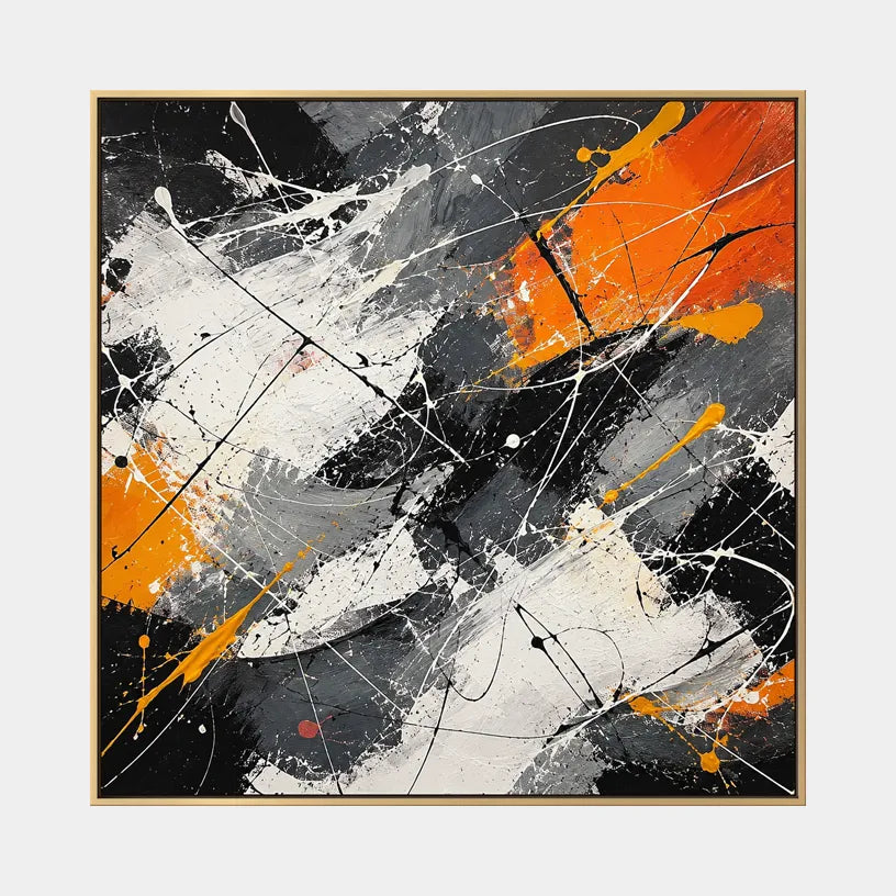 Abstract Expressionist abstract oil painting showing black and white marks with orange geometric accents in a black palette, contemporary wall art.