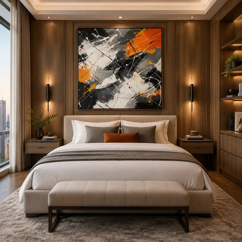 Abstract Expressionist abstract oil painting showing black and white marks with orange geometric accents in a black palette, contemporary wall art.