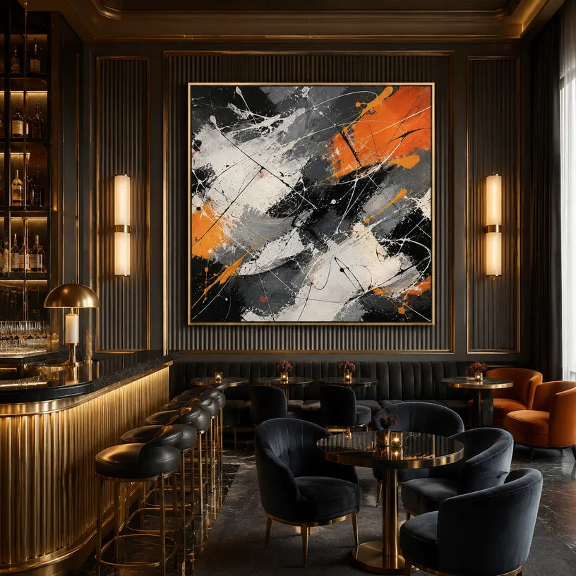 Abstract Expressionist abstract oil painting showing black and white marks with orange geometric accents in a black palette, contemporary wall art.