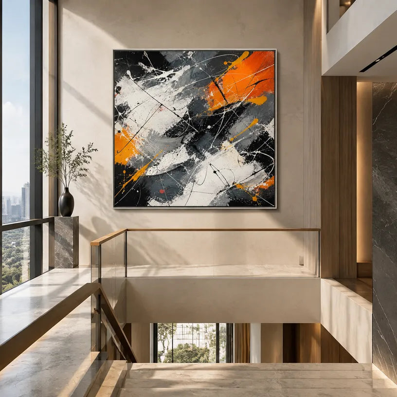 Abstract Expressionist abstract oil painting showing black and white marks with orange geometric accents in a black palette, contemporary wall art.