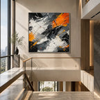 Abstract Expressionist abstract oil painting showing black and white marks with orange geometric accents in a black palette, contemporary wall art.