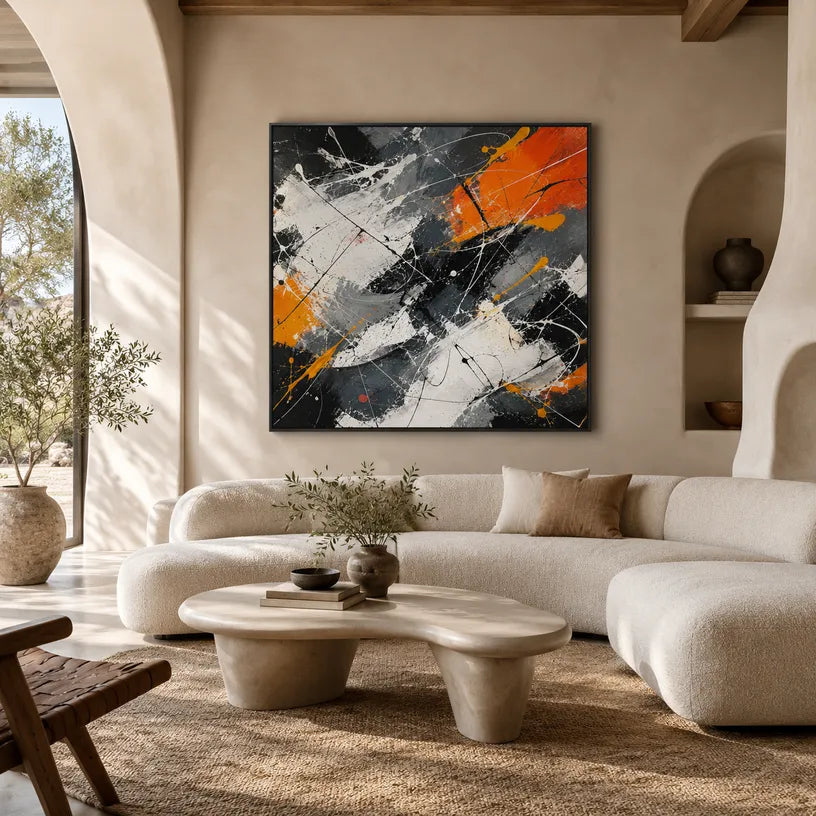 Abstract Expressionist abstract oil painting showing black and white marks with orange geometric accents in a black palette, contemporary wall art.
