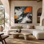 Abstract Expressionist abstract oil painting showing black and white marks with orange geometric accents in a black palette, contemporary wall art.