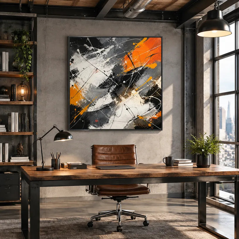 Abstract Expressionist abstract oil painting showing black and white marks with orange geometric accents in a black palette, contemporary wall art.