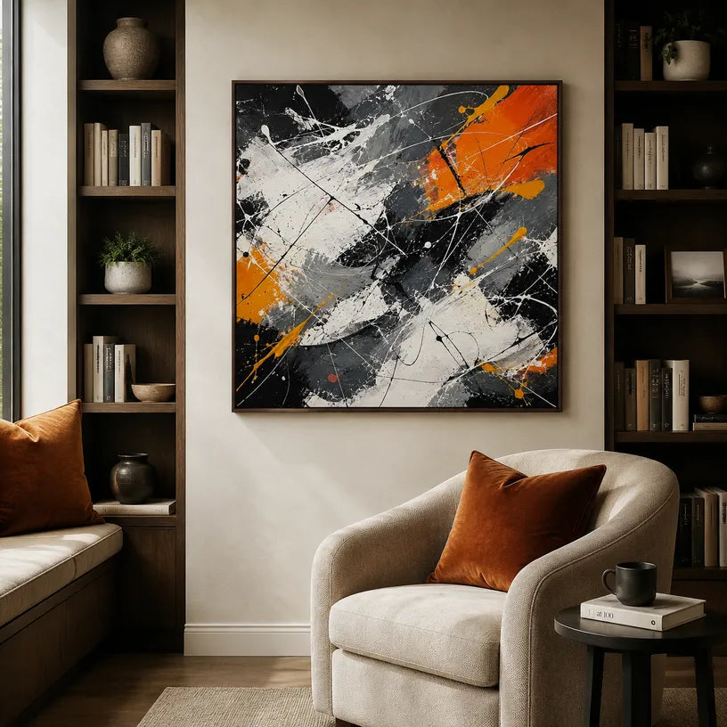 Abstract Expressionist abstract oil painting showing black and white marks with orange geometric accents in a black palette, contemporary wall art.