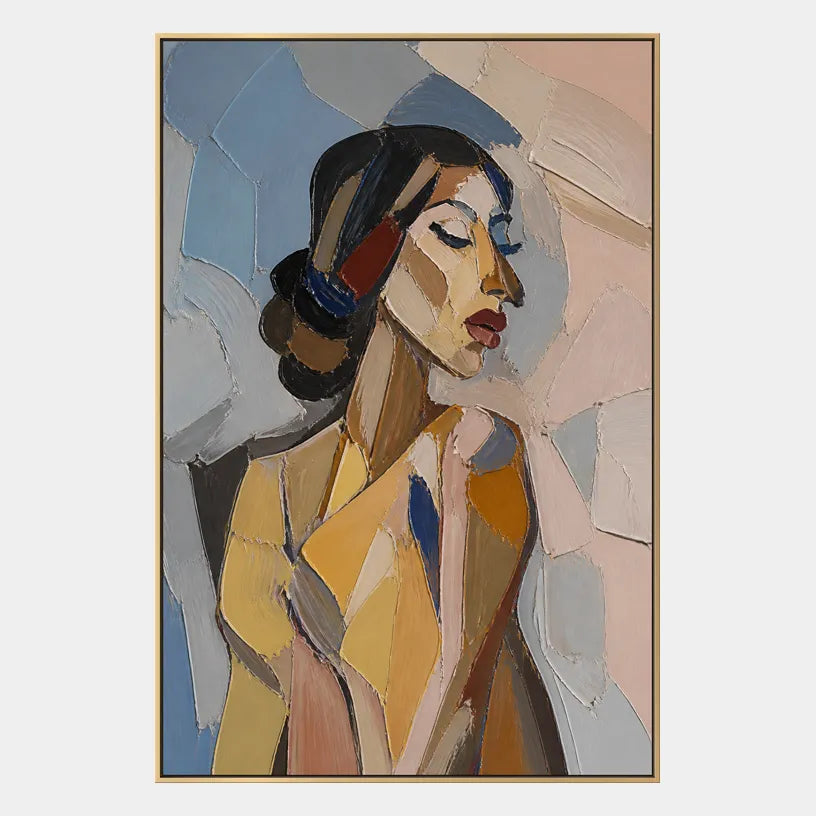 Abstract Expressionist portraiture & figure oil painting showing a stylized woman portrait in warm neutral tones in a beige palette, contemporary wall art.
