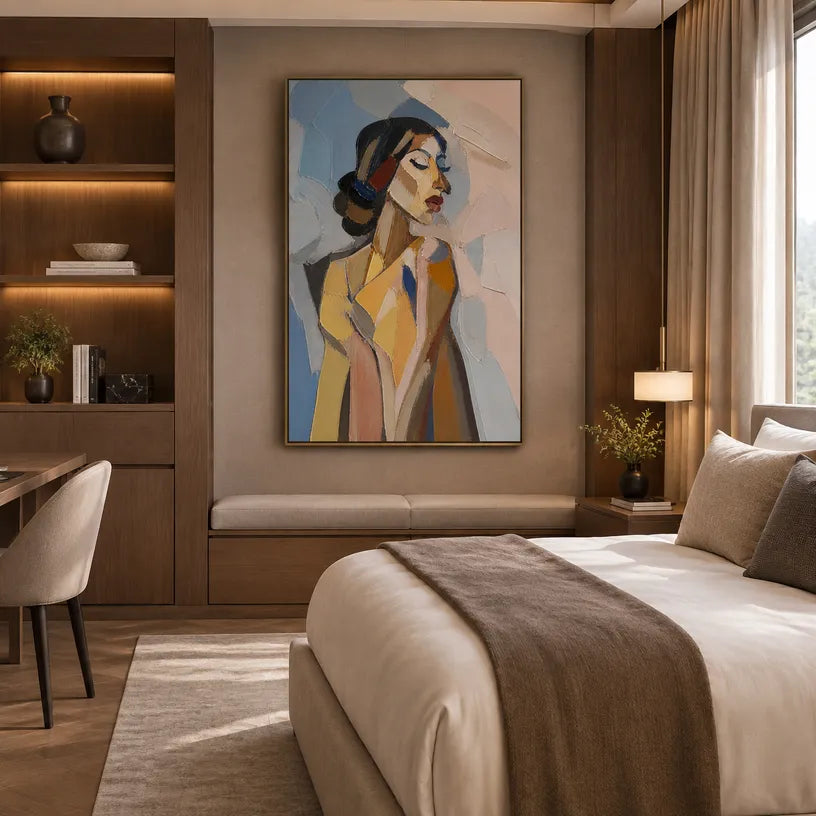 Abstract Expressionist portraiture & figure oil painting showing a stylized woman portrait in warm neutral tones in a beige palette, contemporary wall art.