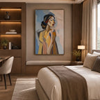Abstract Expressionist portraiture & figure oil painting showing a stylized woman portrait in warm neutral tones in a beige palette, contemporary wall art.