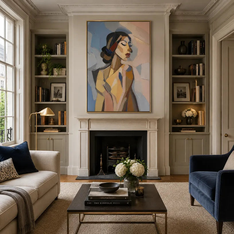 Abstract Expressionist portraiture & figure oil painting showing a stylized woman portrait in warm neutral tones in a beige palette, contemporary wall art.