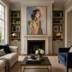 Abstract Expressionist portraiture & figure oil painting showing a stylized woman portrait in warm neutral tones in a beige palette, contemporary wall art.