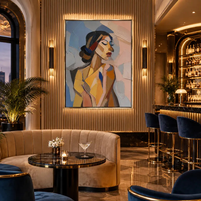 Abstract Expressionist portraiture & figure oil painting showing a stylized woman portrait in warm neutral tones in a beige palette, contemporary wall art.