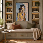 Abstract Expressionist portraiture & figure oil painting showing a stylized woman portrait in warm neutral tones in a beige palette, contemporary wall art.