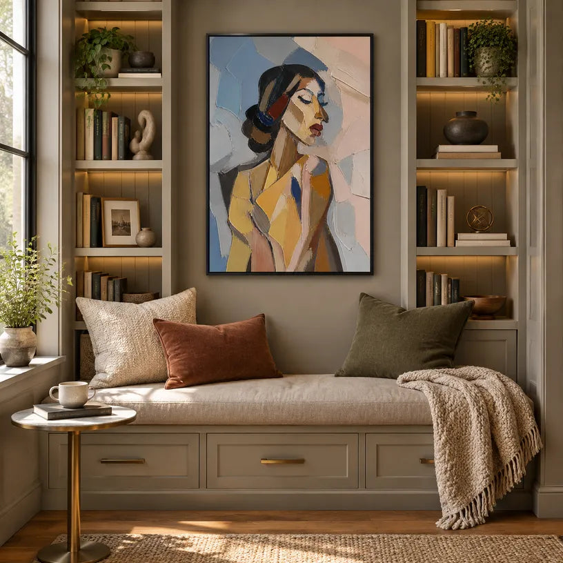 Abstract Expressionist portraiture & figure oil painting showing a stylized woman portrait in warm neutral tones in a beige palette, contemporary wall art.