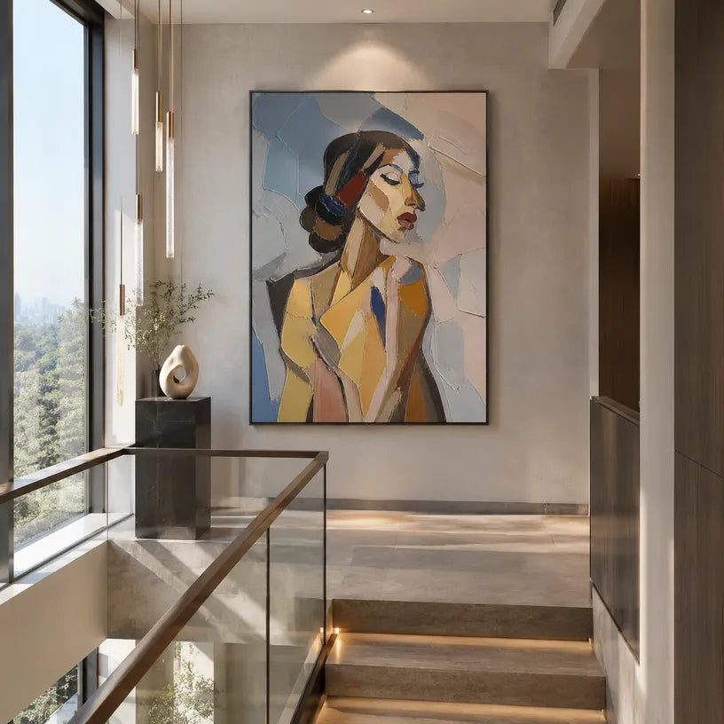 Abstract Expressionist portraiture & figure oil painting showing a stylized woman portrait in warm neutral tones in a beige palette, contemporary wall art.