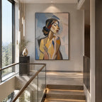 Abstract Expressionist portraiture & figure oil painting showing a stylized woman portrait in warm neutral tones in a beige palette, contemporary wall art.