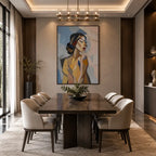 Abstract Expressionist portraiture & figure oil painting showing a stylized woman portrait in warm neutral tones in a beige palette, contemporary wall art.