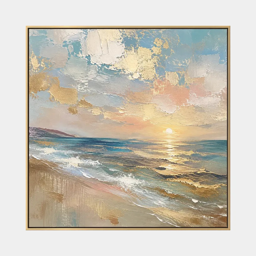 Abstract Expressionist landscapes & seascapes & cityscapes oil painting showing a pastel blue and gold seascape with reflective water in a blue palette, contemporary wall art.
