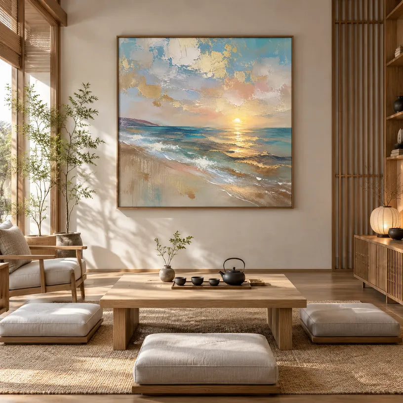 Abstract Expressionist landscapes & seascapes & cityscapes oil painting showing a pastel blue and gold seascape with reflective water in a blue palette, contemporary wall art.