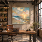 Abstract Expressionist landscapes & seascapes & cityscapes oil painting showing a pastel blue and gold seascape with reflective water in a blue palette, contemporary wall art.