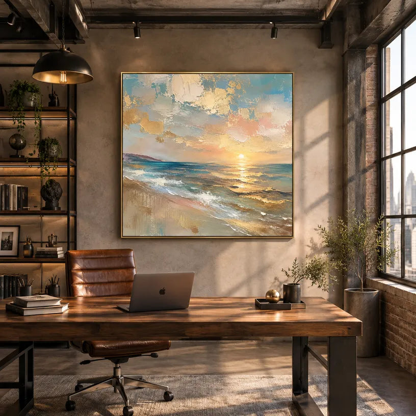 Abstract Expressionist landscapes & seascapes & cityscapes oil painting showing a pastel blue and gold seascape with reflective water in a blue palette, contemporary wall art.
