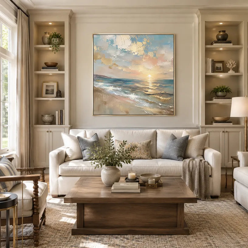 Abstract Expressionist landscapes & seascapes & cityscapes oil painting showing a pastel blue and gold seascape with reflective water in a blue palette, contemporary wall art.