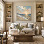 Abstract Expressionist landscapes & seascapes & cityscapes oil painting showing a pastel blue and gold seascape with reflective water in a blue palette, contemporary wall art.